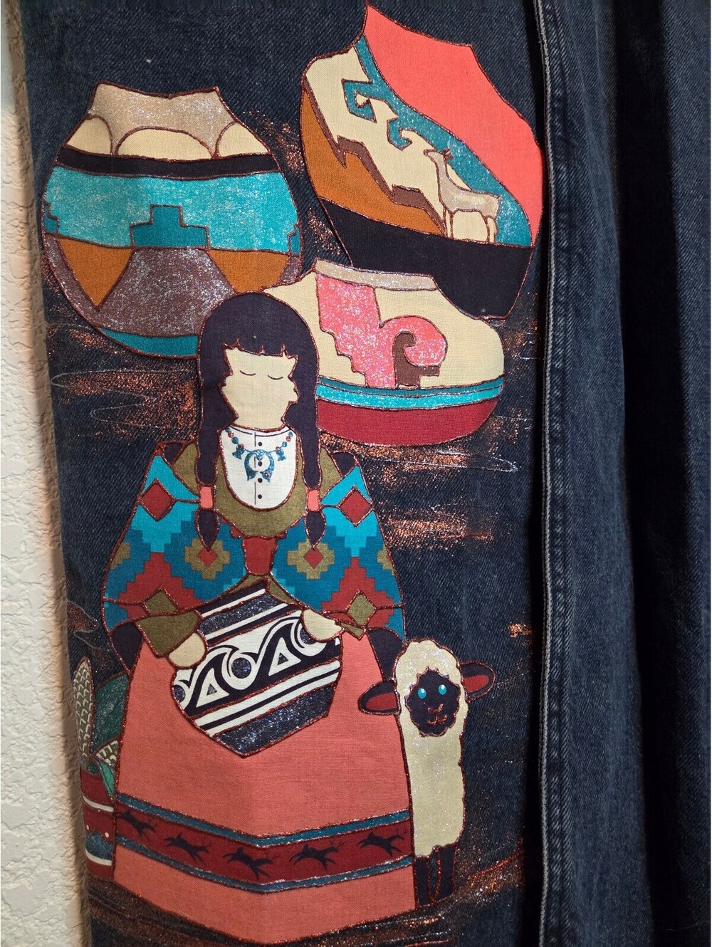 Sunbelt Vintage Long Denim Jacket with Southwestern Painted Design, One Size - Picture 2 of 9